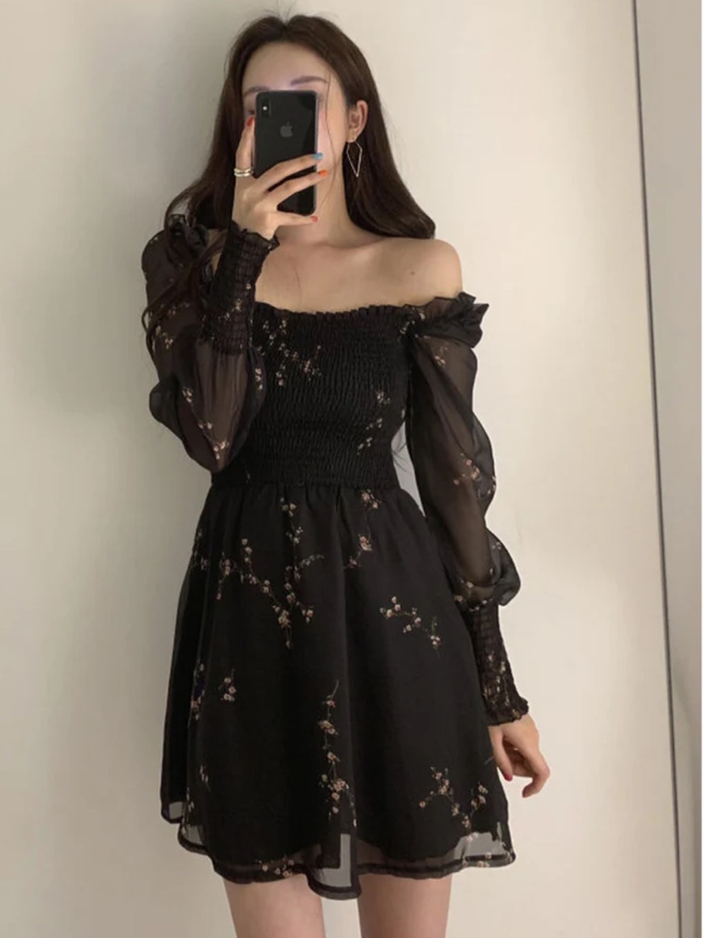 Off-Shoulder Black Floral One-Shoulder Mini Dress